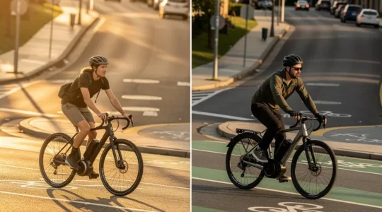Cyclist climbing steep urban hill with e-bike showing transparent motor positioning