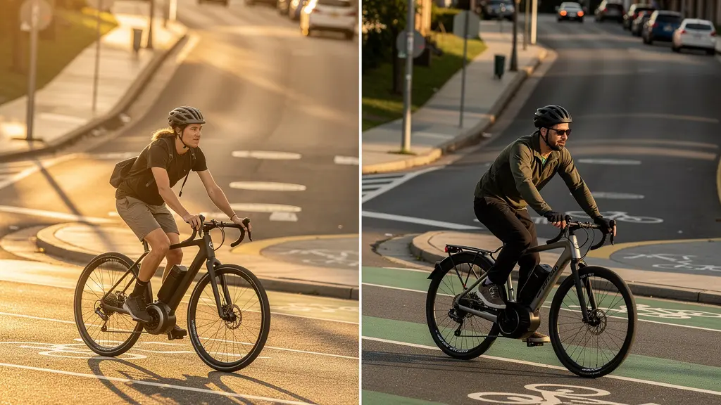 Cyclist climbing steep urban hill with e-bike showing transparent motor positioning
