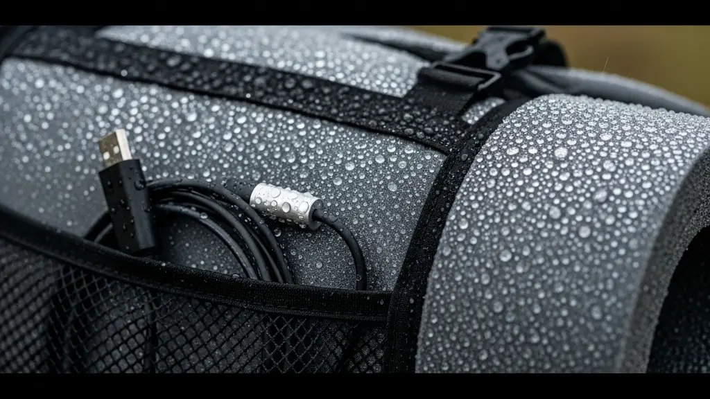 Close-up of touring panniers and charging equipment on e-bike