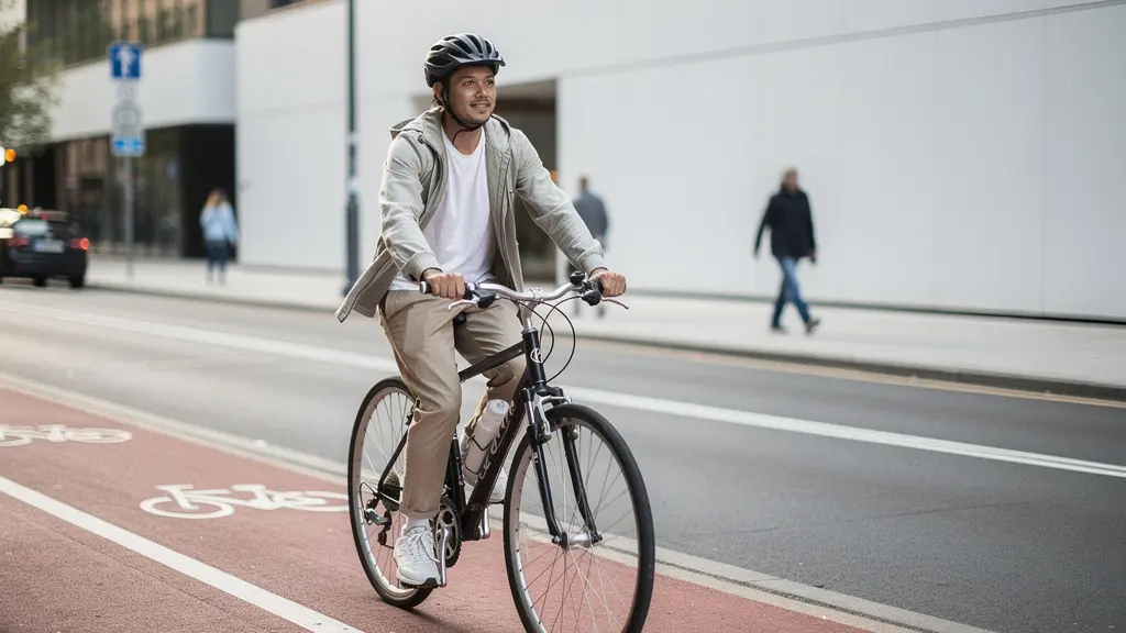 A calm bicycle commuter riding at an easy pace on a quiet city street with ample empty space in the sky for headline placement.