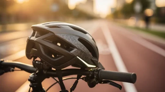 Close-up of a modern NTA 8776 certified e-bike helmet resting on handlebars with a blurred urban cycling lane in the background at golden hour
