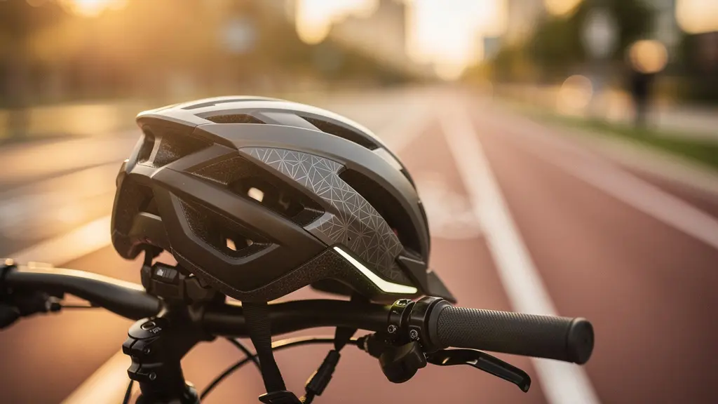 Close-up of a modern NTA 8776 certified e-bike helmet resting on handlebars with a blurred urban cycling lane in the background at golden hour