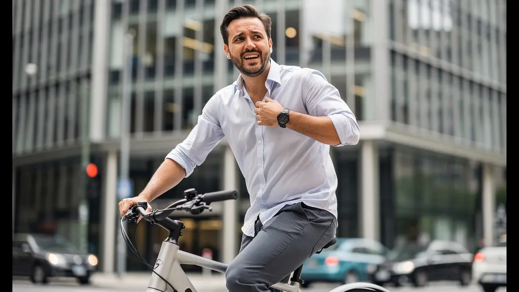 Person taking a quick e-bike break from desk work in urban setting