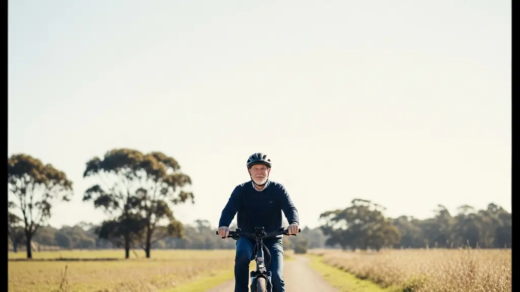Wide scenic view of an older adult riding an e-bike on a quiet trail with large open sky, emphasizing outdoor movement and improved mood.