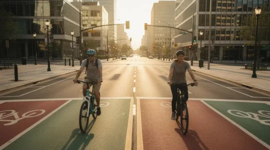 Split-scene urban commute with two cyclists on different e-bike types during golden hour