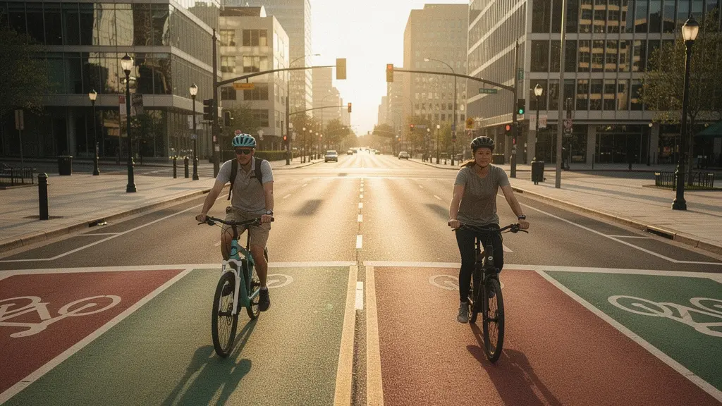Split-scene urban commute with two cyclists on different e-bike types during golden hour