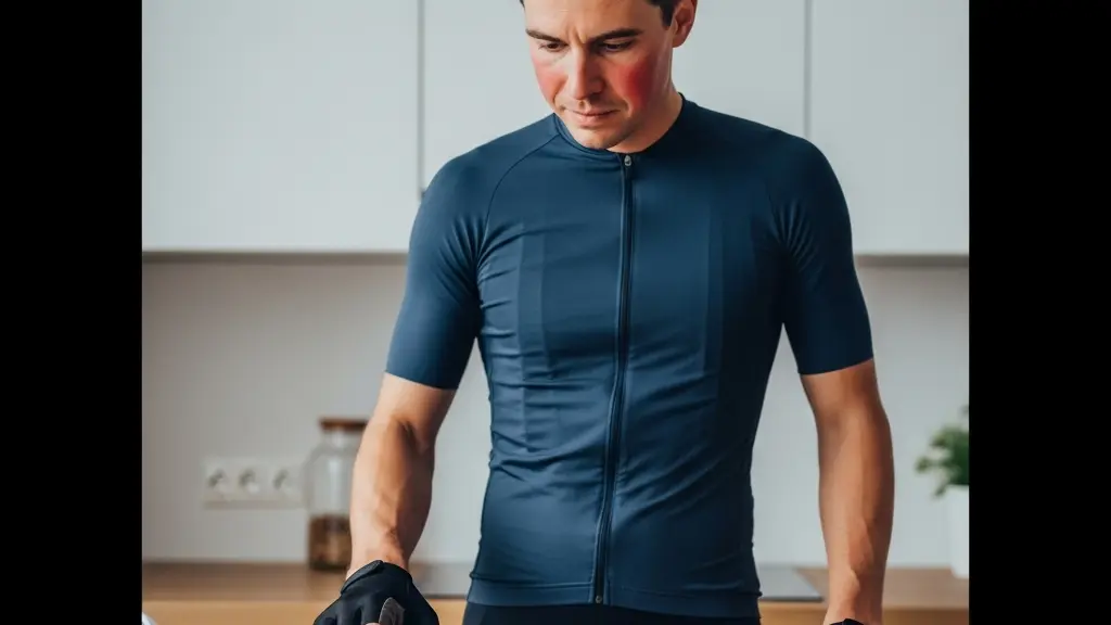 A cyclist at home after a short ride reaches for a tempting snack, showing a conflicted expression and visible cycling gear.
