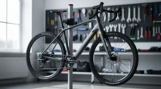 A pristine, high-end bicycle workshop with a modern e-bike clamped on a repair stand, soft lighting highlighting the mechanical components.