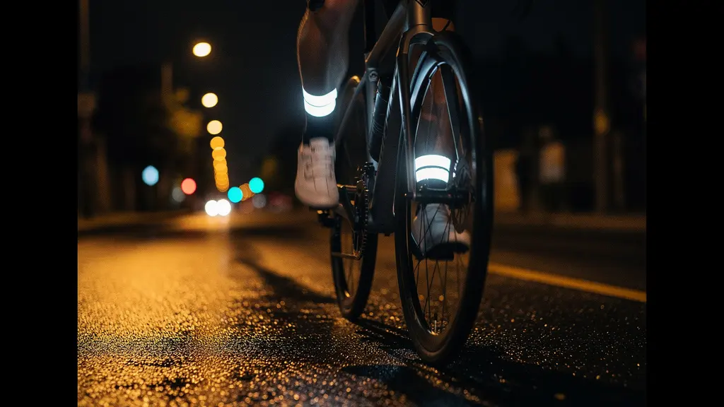 Cyclist's lower legs in motion at night with bright retro-reflective bands on ankles glowing intensely from car headlights against a dark urban background