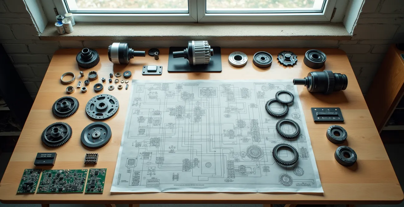 Workshop bench with disassembled e-bike motor components and replacement parts