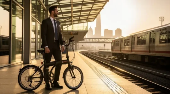 Commuter with folding e-bike transitioning between train platform and urban street