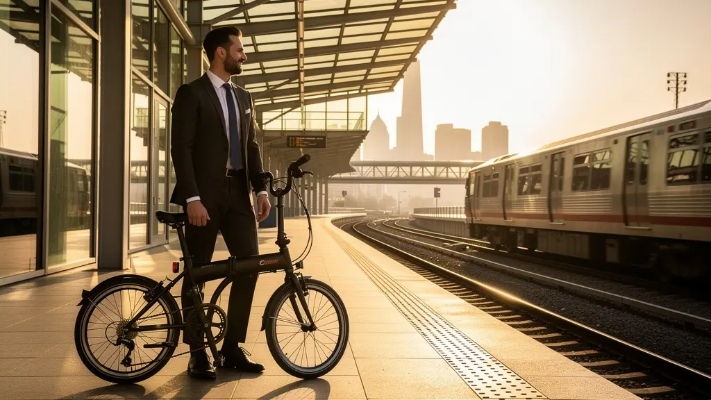 Commuter with folding e-bike transitioning between train platform and urban street