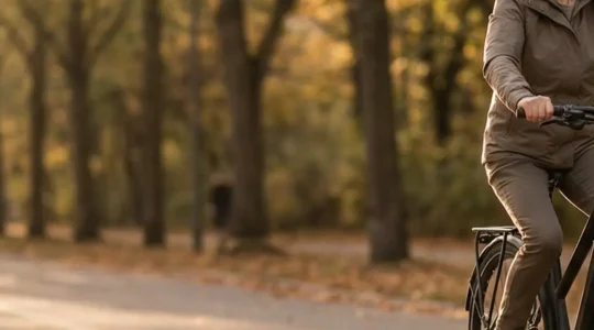 A senior cyclist confidently riding a modern step-through e-bike along a quiet tree-lined path at golden hour