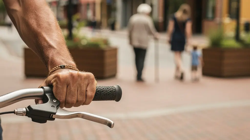 A human-scale view of a person's hand gently resting on a bicycle brake lever, with a blurred shared street scene of pedestrians in the warm background.