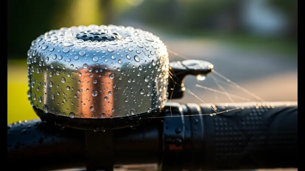Close-up macro photograph of morning dew on a bicycle bell with a blurred green neighborhood background, symbolizing quiet urban transport.