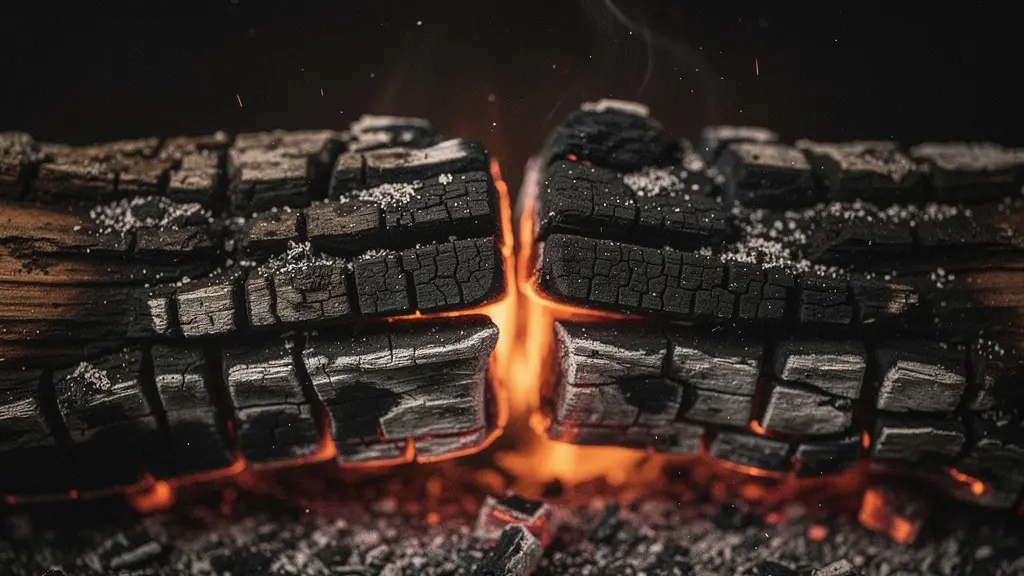 A close-up of glowing embers and a slowly burning log, symbolizing steady, sustainable energy use over time.