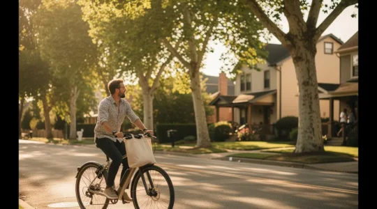A person riding an e-bike through a calm, tree-lined neighborhood street with warm golden hour light, embodying the slow city movement and community reconnection.