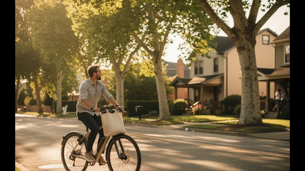 A person riding an e-bike through a calm, tree-lined neighborhood street with warm golden hour light, embodying the slow city movement and community reconnection.