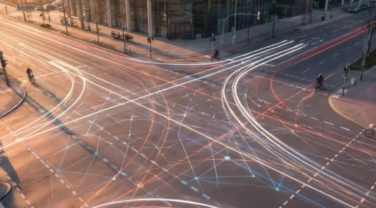 Modern e-bike integrated with smart city infrastructure showing data flows between bikes and urban systems