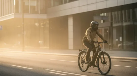 Speed pedelec rider in urban environment wearing certified helmet at dawn