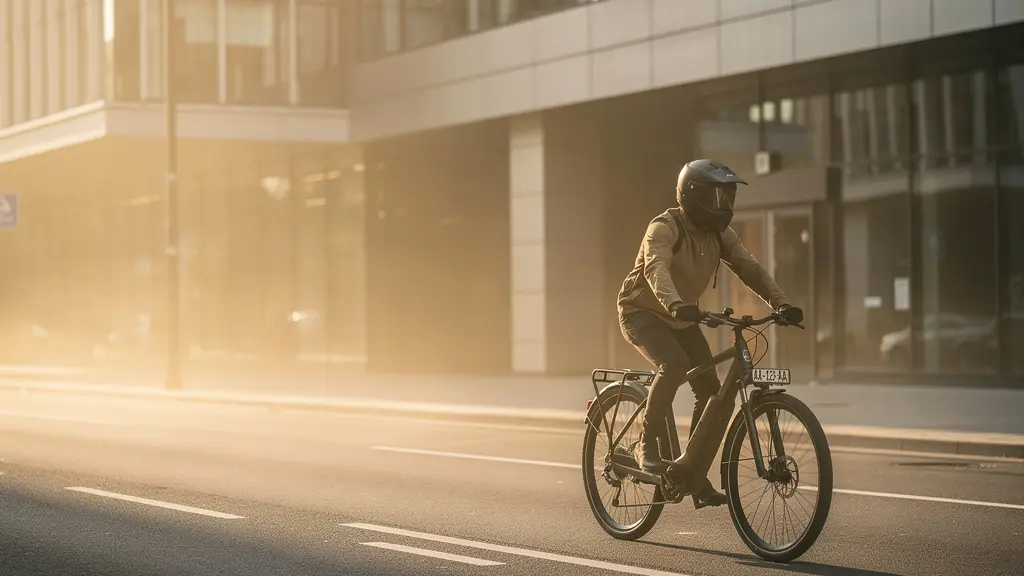 Speed pedelec rider in urban environment wearing certified helmet at dawn