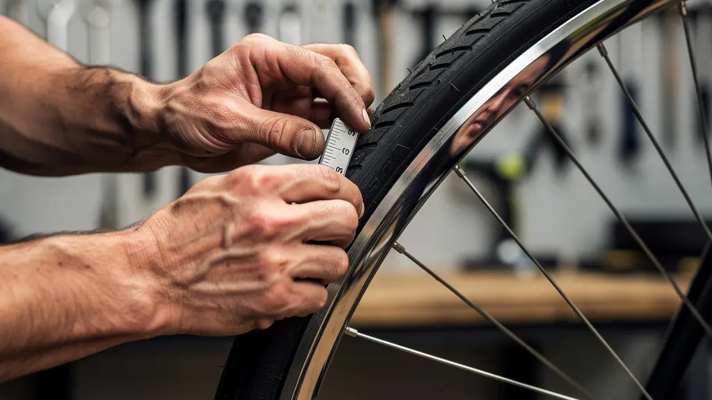 Mechanic inspecting speed pedelec brakes and tires in professional workshop