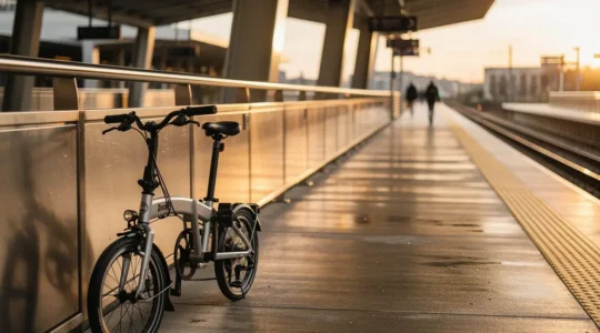 A folding e-bike parked beside a train platform railing at an urban commuter station during golden hour, illustrating the intermodal commuting challenge.