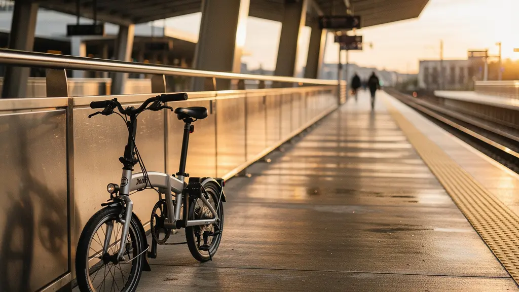 A folding e-bike parked beside a train platform railing at an urban commuter station during golden hour, illustrating the intermodal commuting challenge.