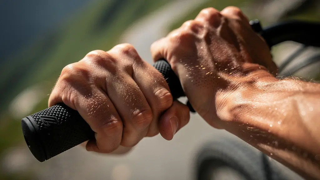 Close-up of hands gripping e-bike handlebars tightly during a steep climb, showing white knuckles and visible forearm tension under dramatic side lighting