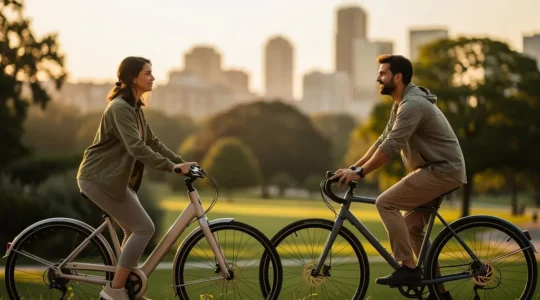 Two cyclists side by side in an urban park, one on a step-through frame and one on a high-step frame, showcasing the different geometries