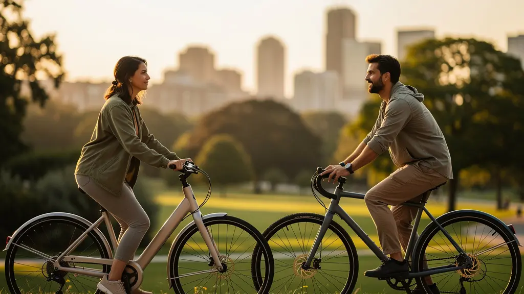 Two cyclists side by side in an urban park, one on a step-through frame and one on a high-step frame, showcasing the different geometries