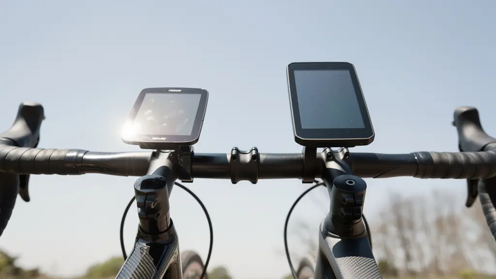 GPS screen visibility comparison showing sunlight reflection patterns on integrated vs standard handlebars