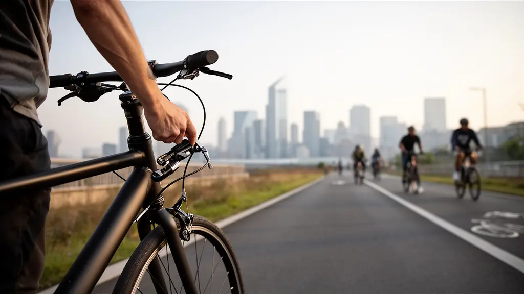 Wide shot of cyclist adjusting suspension lockout on city bike path