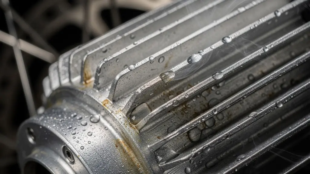 Macro detail of e-bike hub motor showing heat dissipation patterns