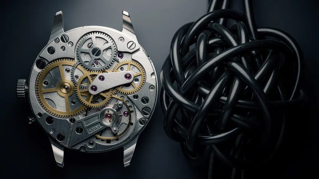 A conceptual image contrasting the precision of a watch mechanism with the chaos of a tangled knot.