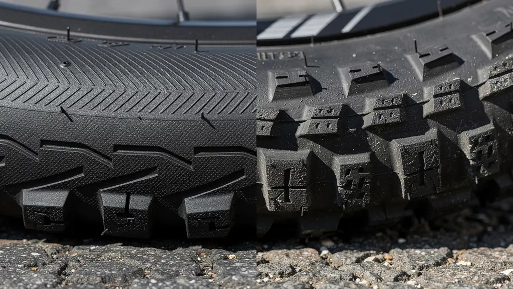 Extreme close-up comparison of smooth and knobby tire tread patterns on pavement
