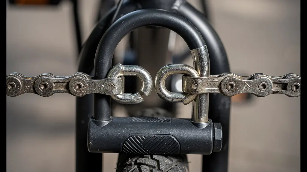 Close-up of dual locking system with a D-lock and chain securing an e-bike frame and both wheels to a rack.