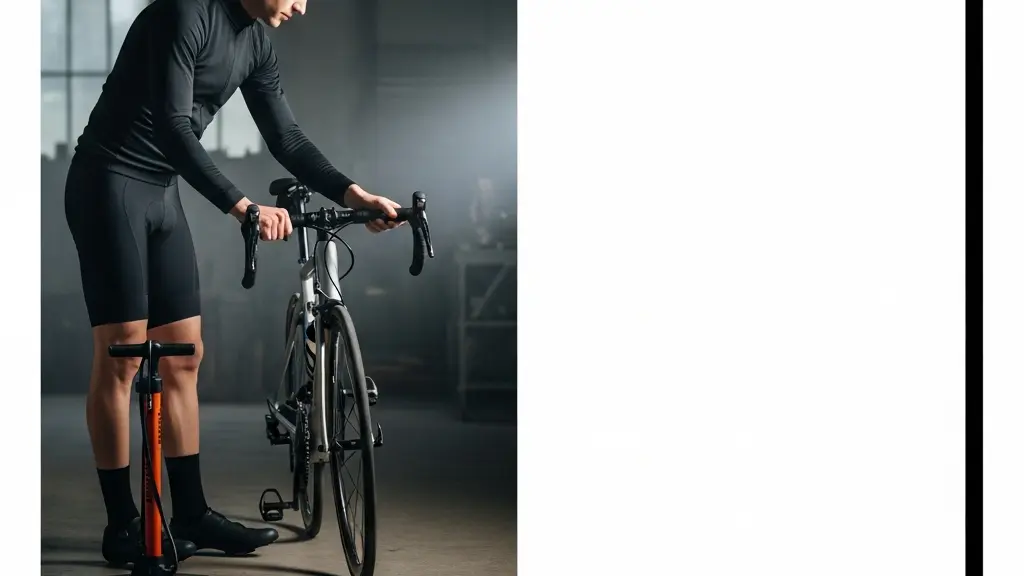 Cyclist performing a quick safety check on a bicycle before a ride, with tools nearby and clean negative space for editorial layout.