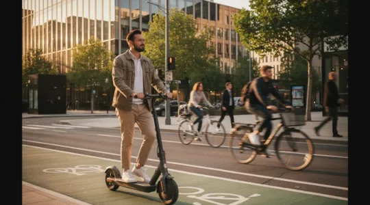 Business commuter riding electric scooter through modern city streets during golden hour
