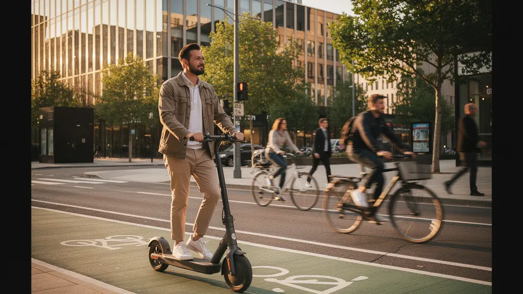 Business commuter riding electric scooter through modern city streets during golden hour