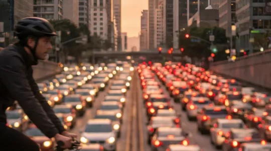 Wide angle view of a congested city street at rush hour with a blurred e-bike rider moving freely in the foreground.