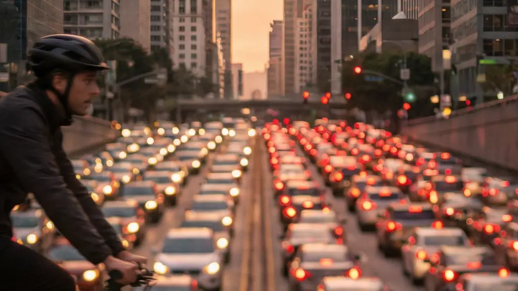Wide angle view of a congested city street at rush hour with a blurred e-bike rider moving freely in the foreground.