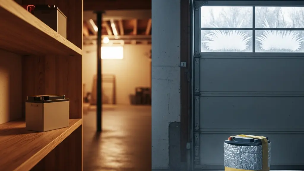 Split view comparing basement and garage winter storage conditions for e-bike batteries