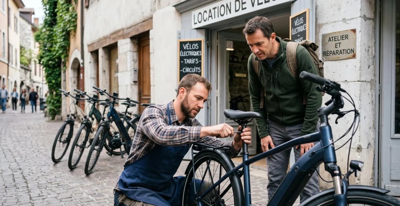 Bike rental technician adjusting e-bike saddle height for a customer outside a rental shop in Annecy with additional e-bikes lined up in background