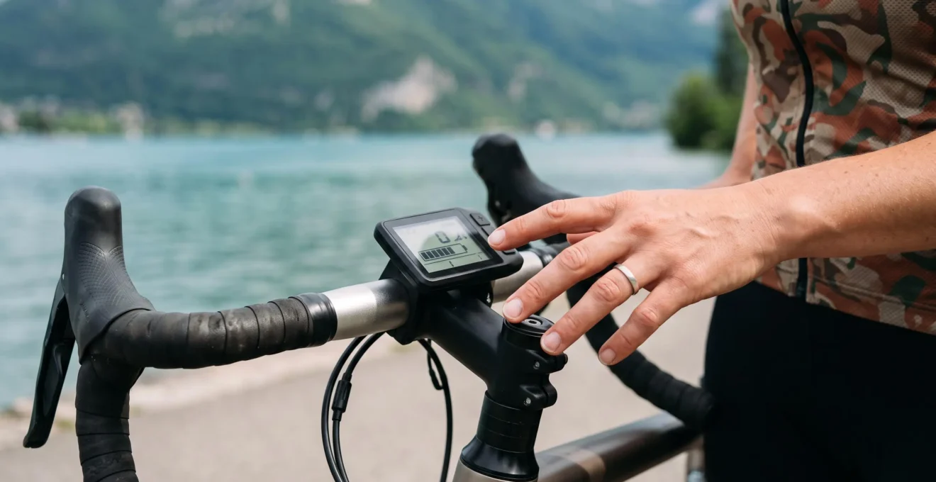 Cyclist's hand checking e-bike handlebar battery display showing charge level with Lake Annecy water blurred in background