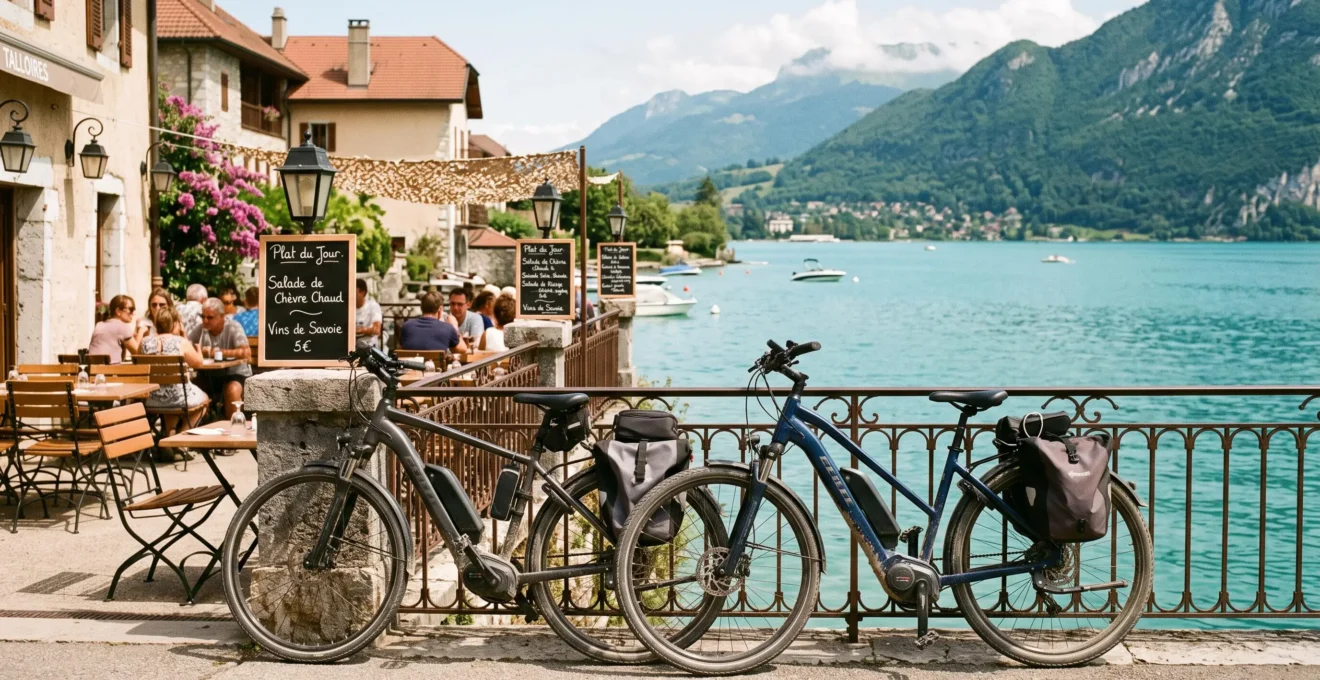 Two e-bikes parked against a terrace railing in Talloires village with Lake Annecy's turquoise water and alpine mountains visible behind