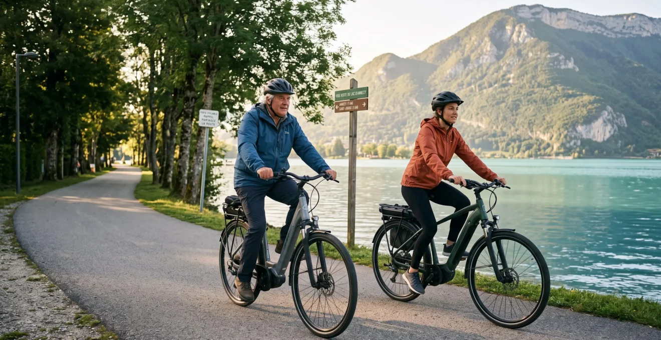 Two cyclists riding e-bikes along the tree-lined voie verte path beside Lake Annecy with turquoise water and alpine mountain peaks visible in morning light