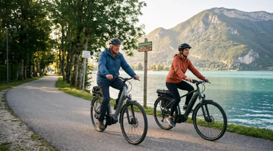 Two cyclists riding e-bikes along the tree-lined voie verte path beside Lake Annecy with turquoise water and alpine mountain peaks visible in morning light